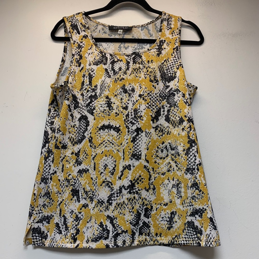 Kasper Knit Top Womens Small Yellow Snakeskin Metallic Sleeveless Scoop Neck Exc